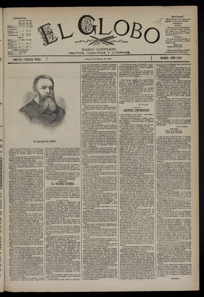 Miniatura de El Globo : diario ilustrado  del 21 de febrero de 1891,nº 5587