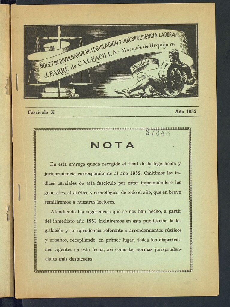 Miniatura de Boletín Divulgador de Legislación y Jurisprudencia Laboral del año 1952, fascículo X