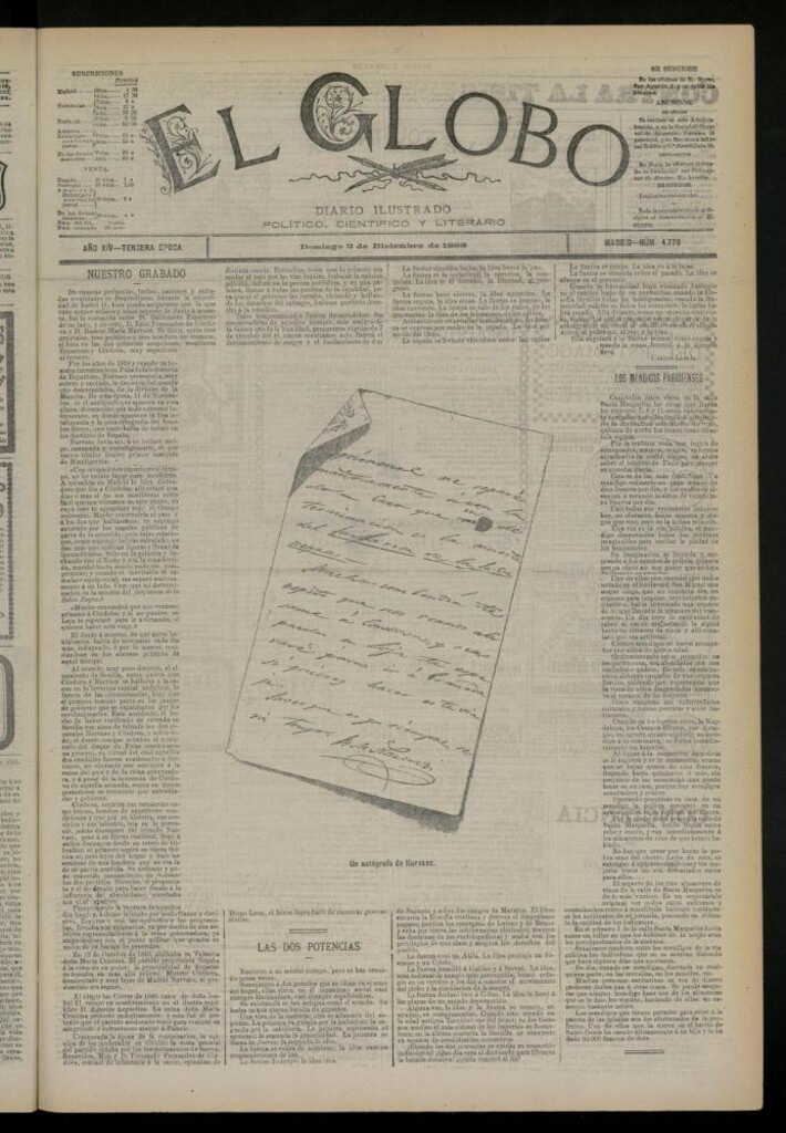 Miniatura de El Globo : diario ilustrado del 2 de diciembre de 1888