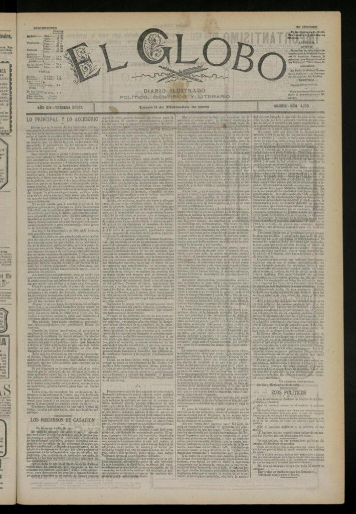 Miniatura de El Globo : diario ilustrado del 3 de diciembre de 1888