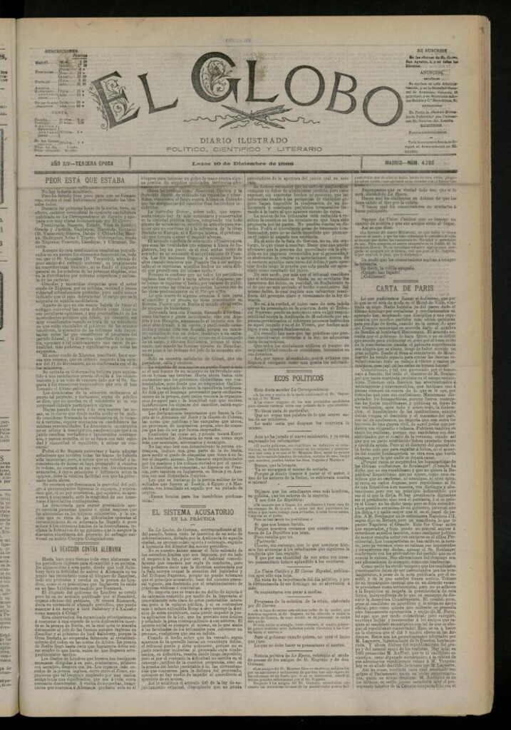Miniatura de El Globo : diario ilustrado del 10 de diciembre de 1888