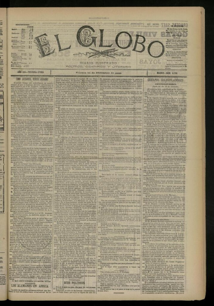 Miniatura de El Globo : diario ilustrado del 14 de diciembre de 1888