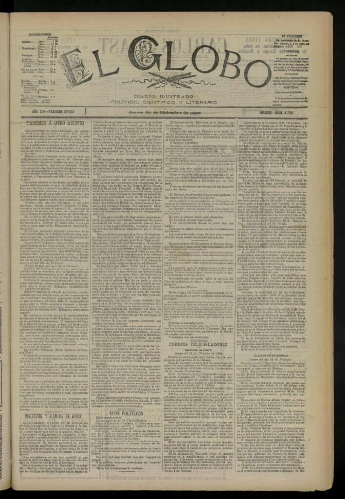 Miniatura de El Globo : diario ilustrado del 20 de diciembre de 1888