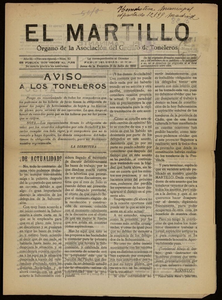 Miniatura de El Martillo: órgano de la Asociación del Gremio de Toneleros del 21 de julio de 1933, nº 83