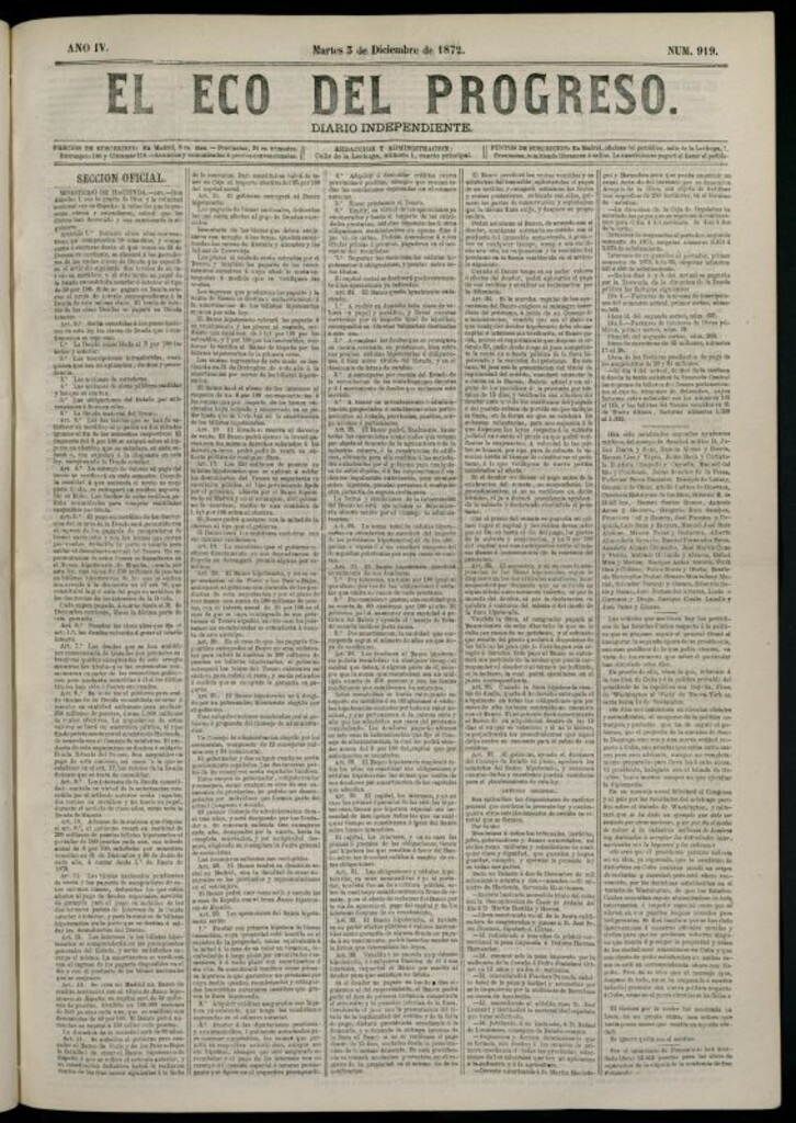 Miniatura de El Eco del Progreso : diario independiente. 3 de diciembre de 1872, nº 919