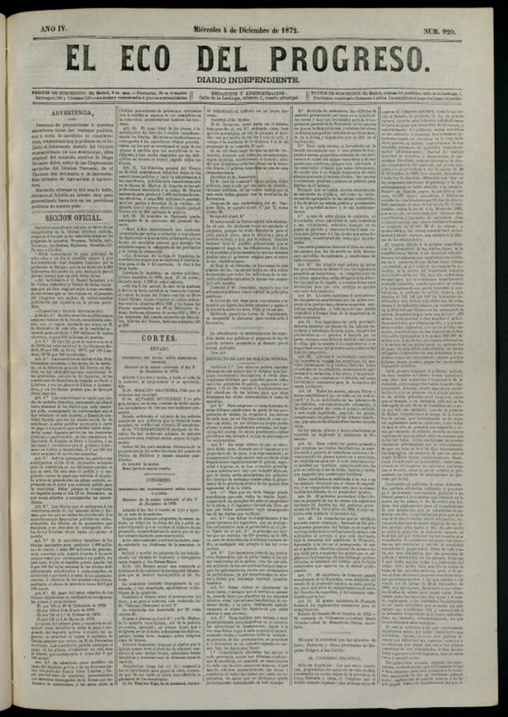 Miniatura de El Eco del Progreso : diario independiente. 4 de diciembre de 1872, nº 920