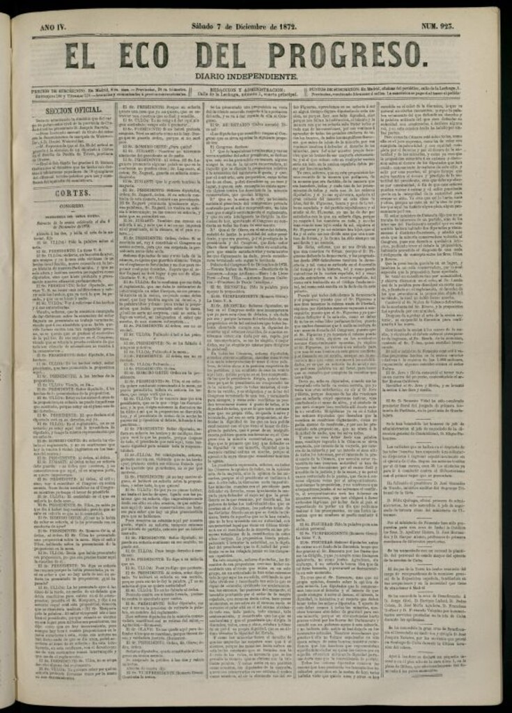 Miniatura de El Eco del Progreso : diario independiente. 7 de diciembre de 1872, nº 923