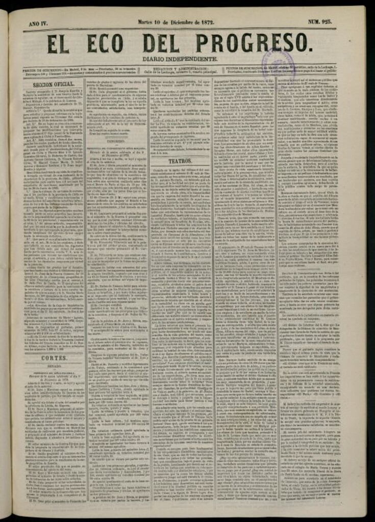 Miniatura de El Eco del Progreso : diario independiente. 10 de diciembre de 1872, nº 925