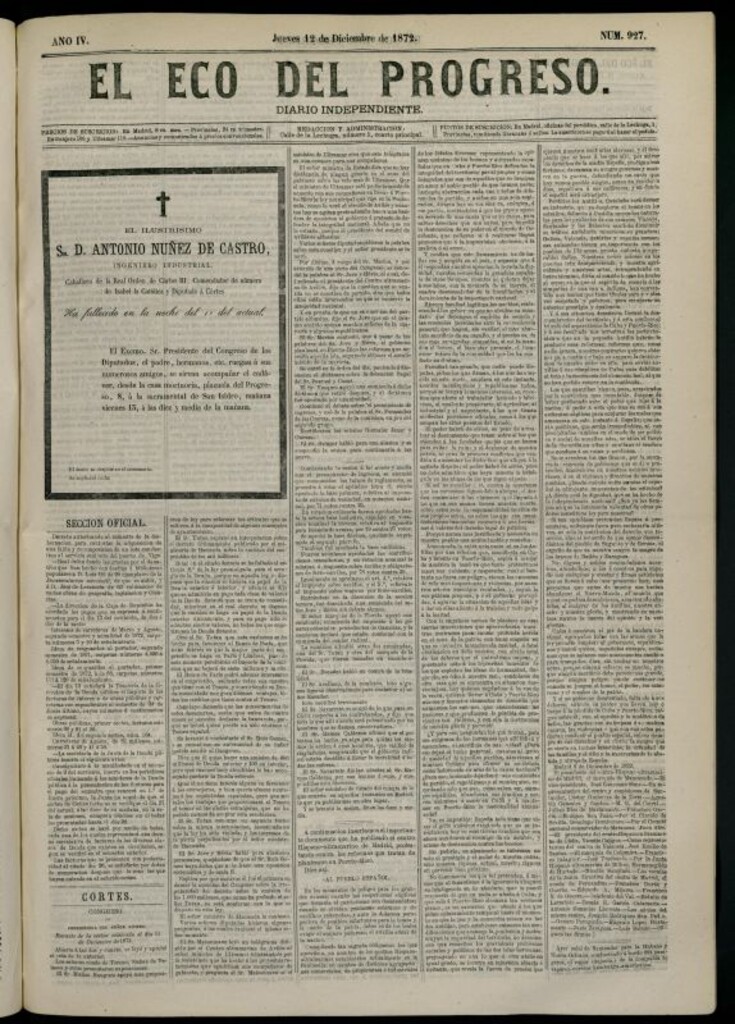 Miniatura de El Eco del Progreso : diario independiente. 12 de diciembre de 1872, nº 927