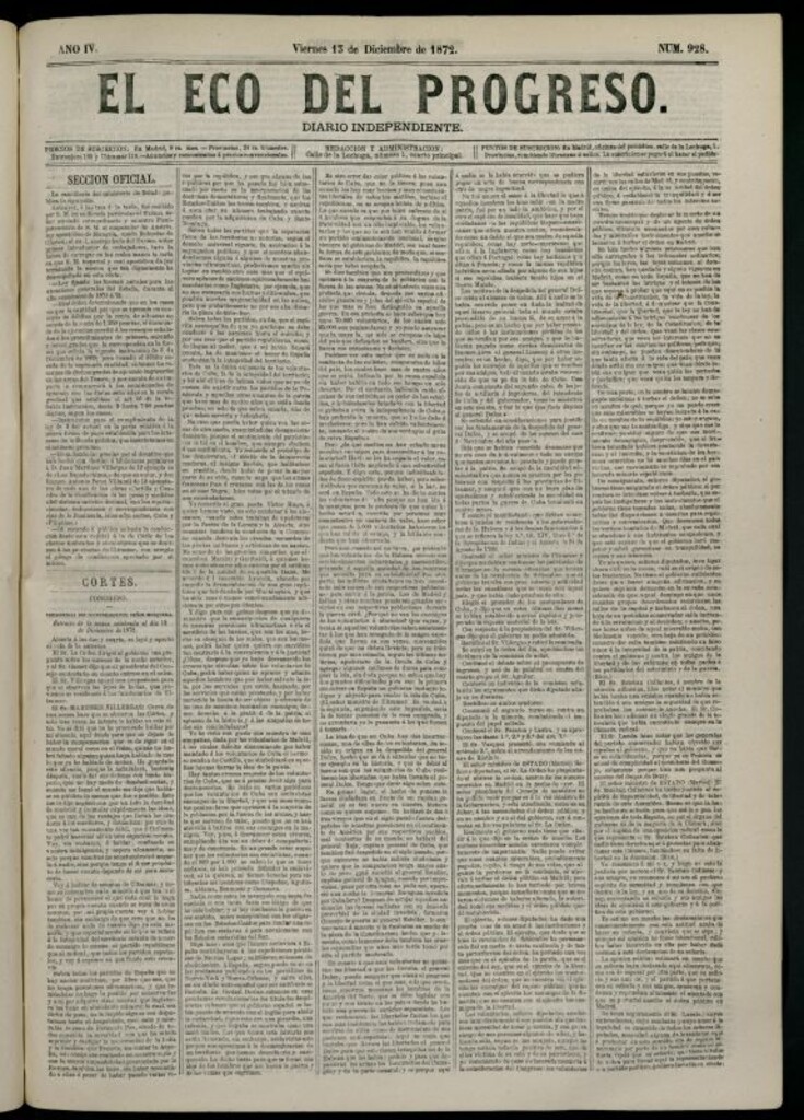 Miniatura de El Eco del Progreso : diario independiente. 13 de diciembre de 1872, nº 928