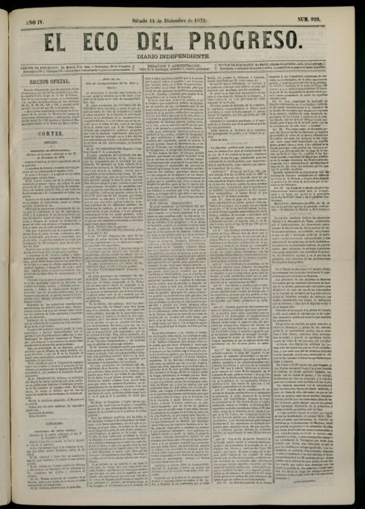Miniatura de El Eco del Progreso : diario independiente. 14 de diciembre de 1872, nº 929
