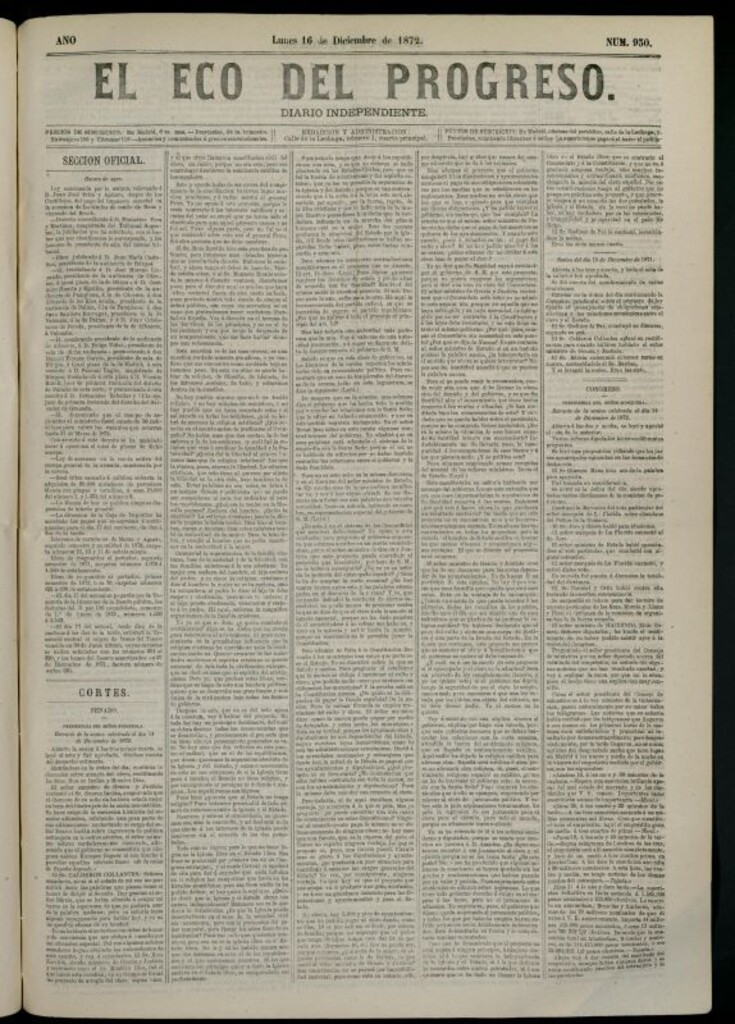 Miniatura de El Eco del Progreso : diario independiente. 16 de diciembre de 1872, nº 930