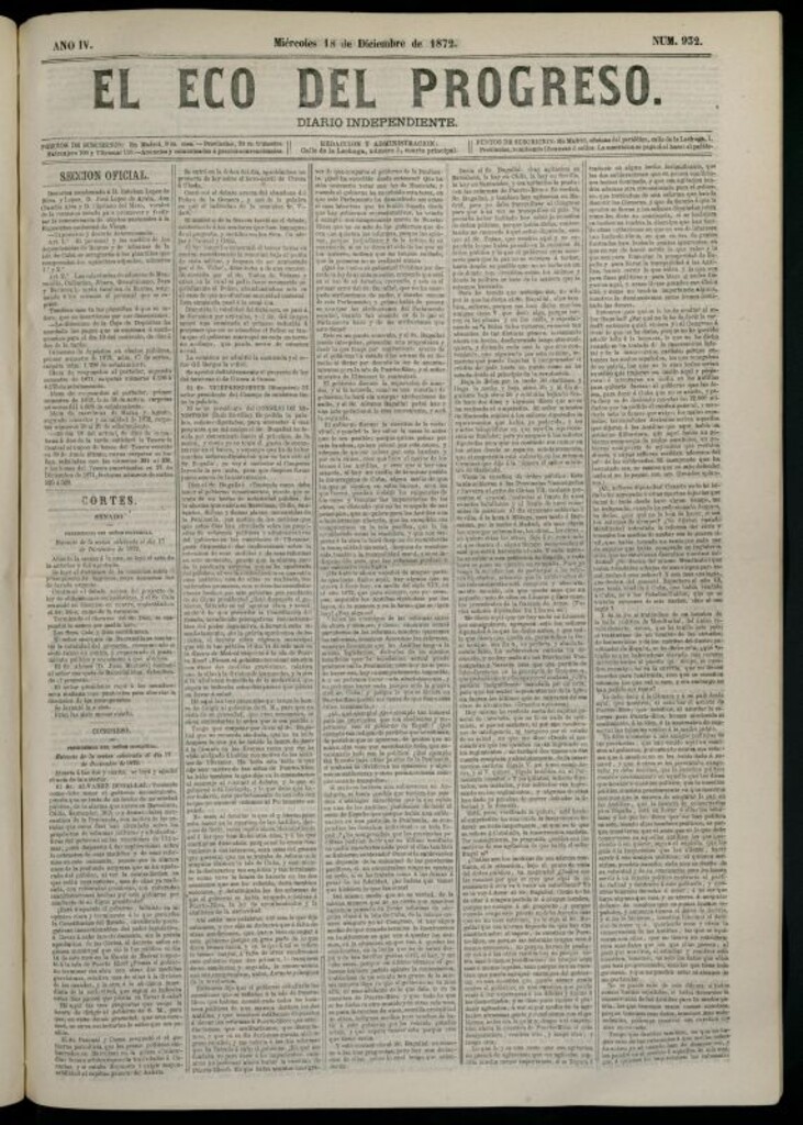 Miniatura de El Eco del Progreso : diario independiente. 18 de diciembre de 1872, nº 932