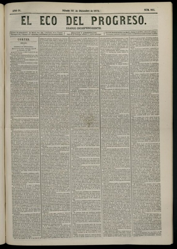 Miniatura de El Eco del Progreso : diario independiente. 21 de diciembre de 1872, nº 935