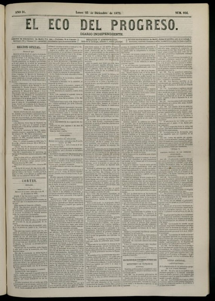 Miniatura de El Eco del Progreso : diario independiente. 23 de diciembre de 1872, nº 936