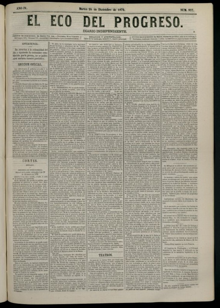 Miniatura de El Eco del Progreso : diario independiente. 24 de diciembre de 1872, nº 937
