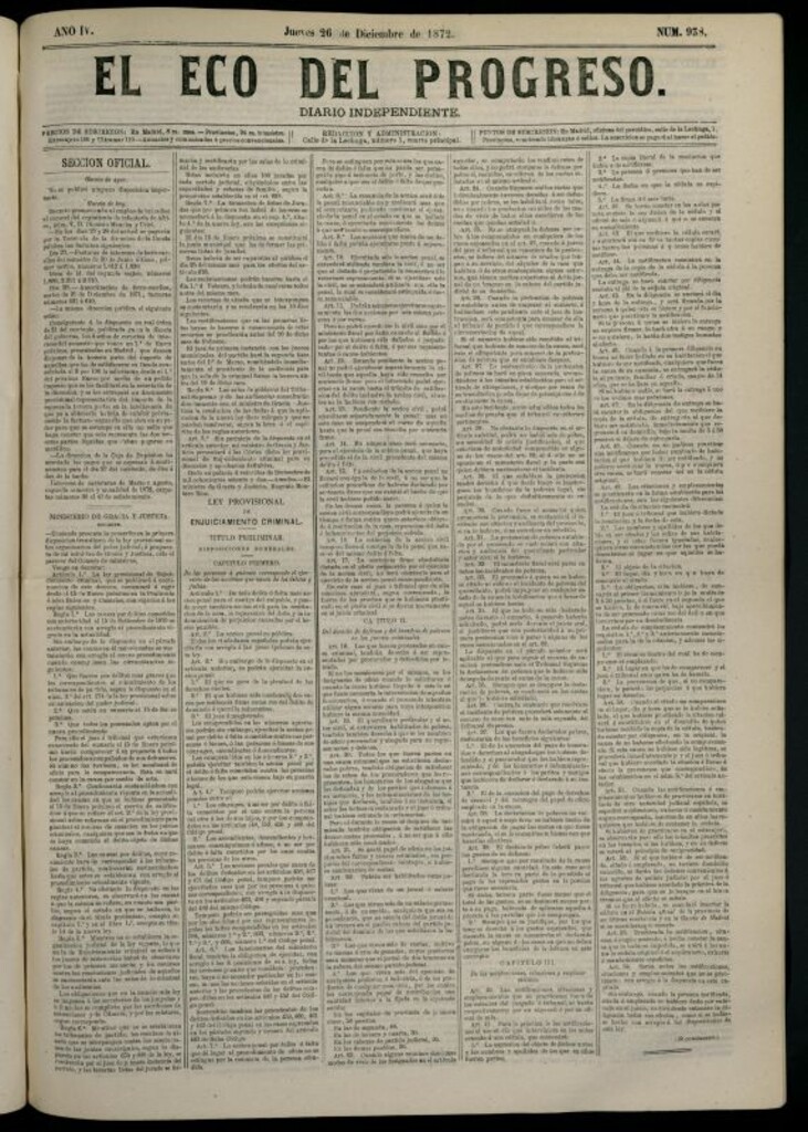 Miniatura de El Eco del Progreso : diario independiente. 26 de diciembre de 1872, nº 938