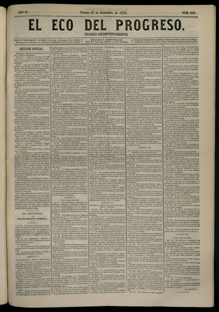 Miniatura de El Eco del Progreso : diario independiente. 27 de diciembre de 1872, nº 939