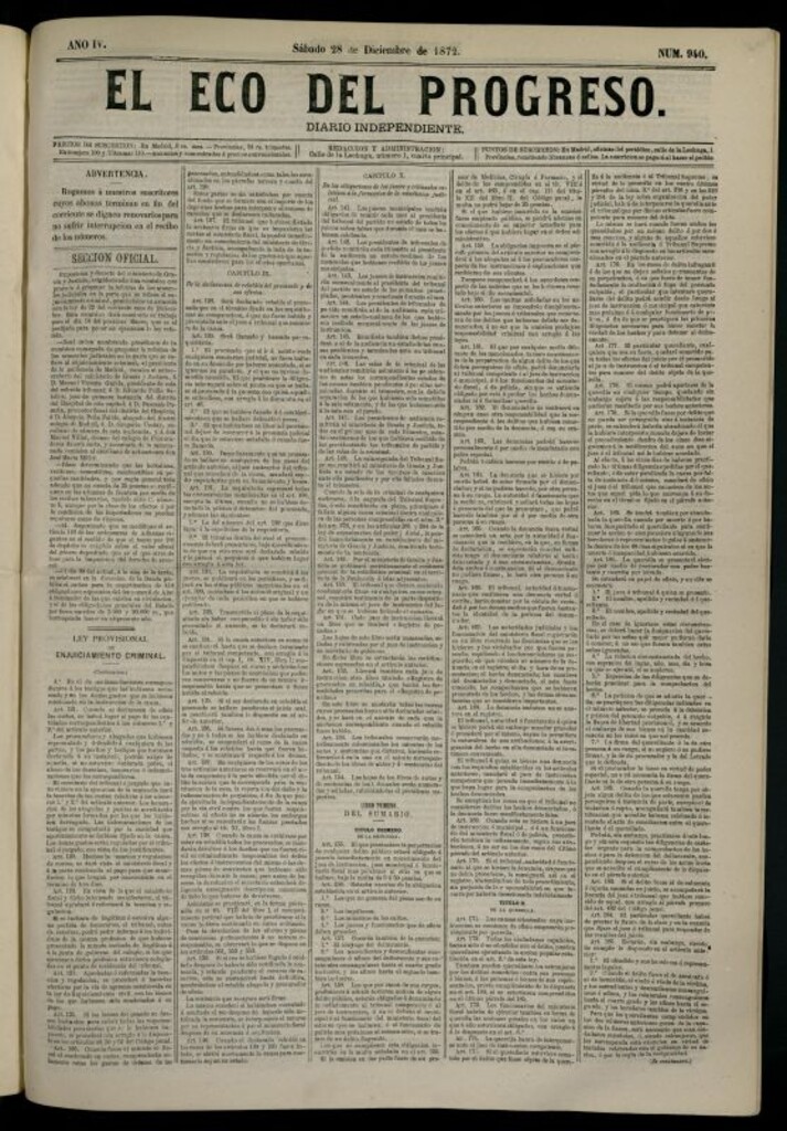 Miniatura de El Eco del Progreso : diario independiente. 28 de diciembre de 1872, nº 940