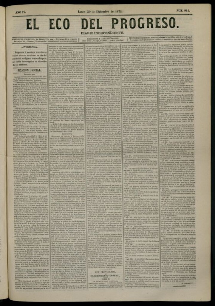Miniatura de El Eco del Progreso : diario independiente. 30 de diciembre de 1872, nº 941