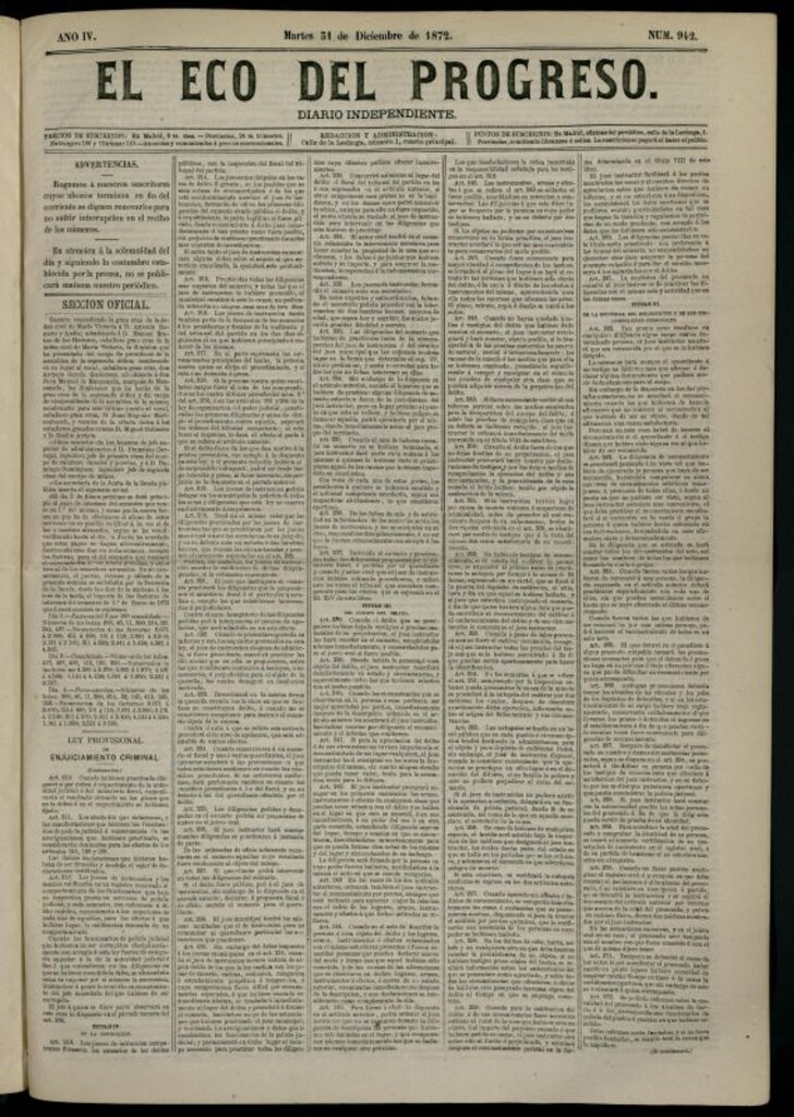Miniatura de El Eco del Progreso : diario independiente. 31 de diciembre de 1872, nº 942