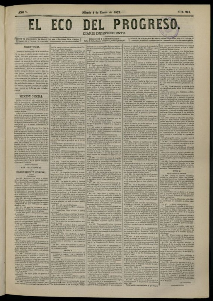 Miniatura de El Eco del Progreso : diario independiente. 4 de enero de 1873, nº 945
