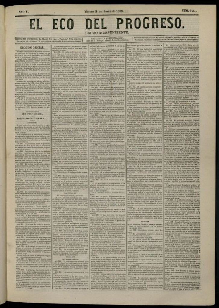 Miniatura de El Eco del Progreso : diario independiente. 3 de enero de 1873, nº 944