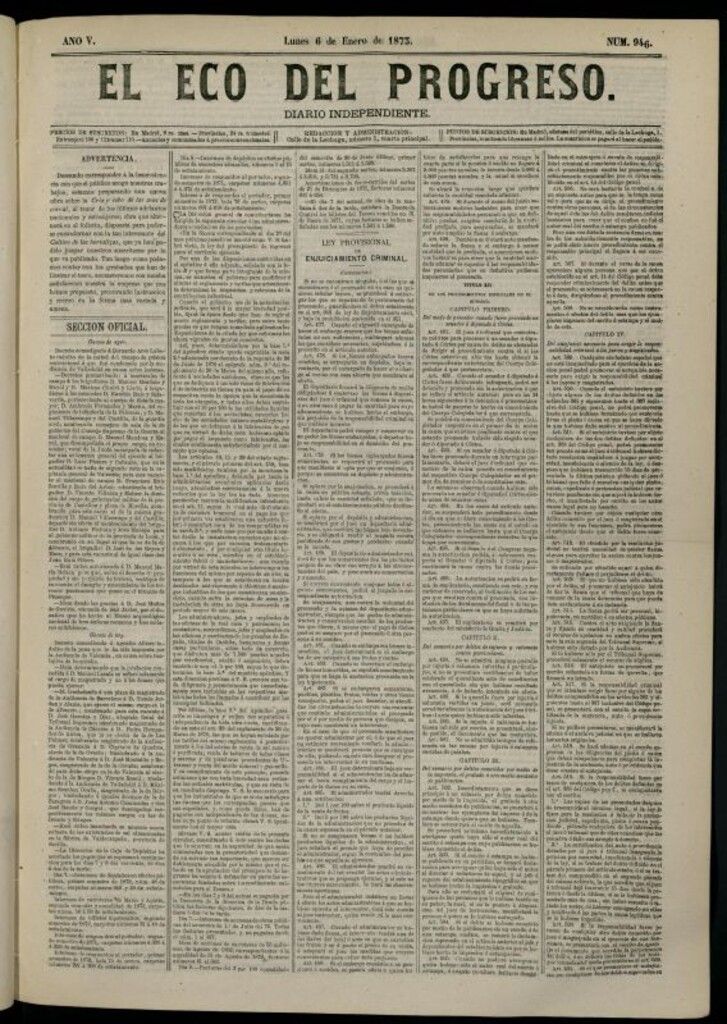 Miniatura de El Eco del Progreso : diario independiente. 6 de enero de 1873, nº 946