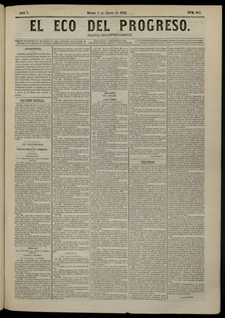 Miniatura de El Eco del Progreso : diario independiente. 7 de enero de 1873, nº 947