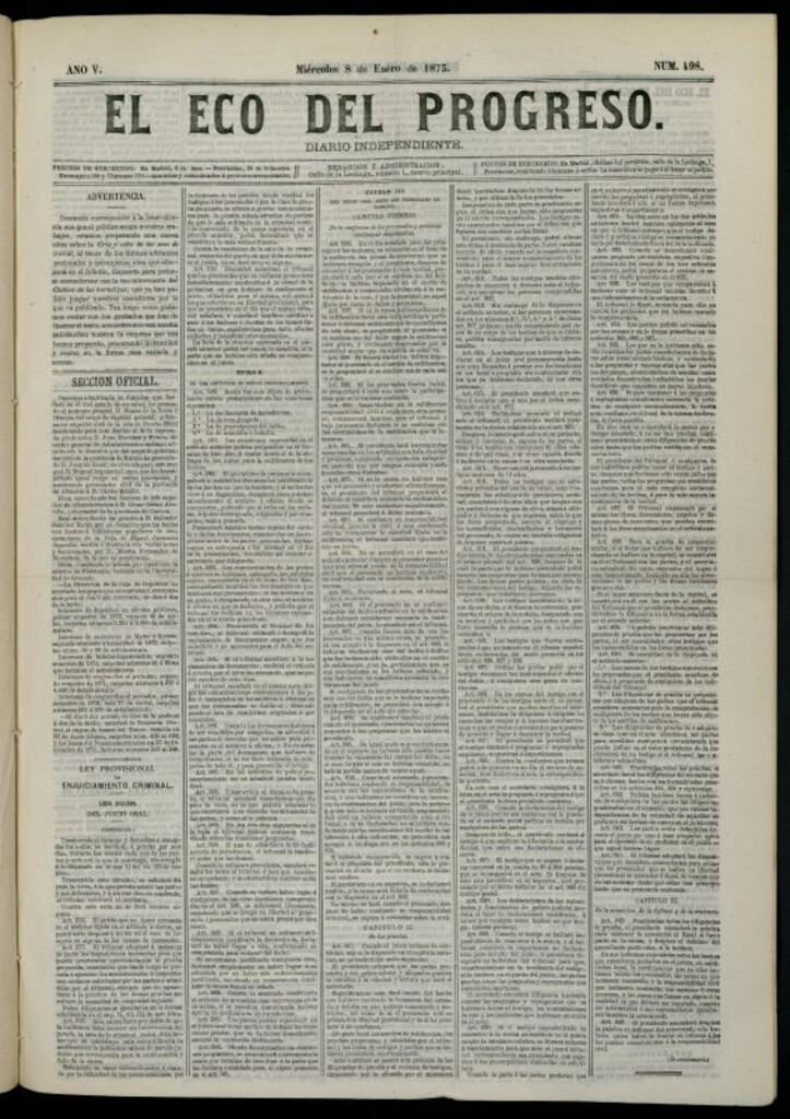 Miniatura de El Eco del Progreso : diario independiente. 8 de enero de 1873, nº 948