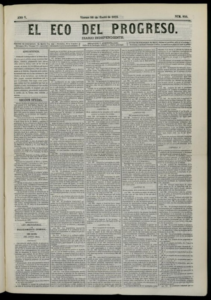 Miniatura de El Eco del Progreso : diario independiente. 10 de enero de 1873, nº 950