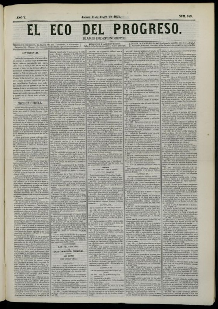 Miniatura de El Eco del Progreso : diario independiente. 9 de enero de 1873, nº 949