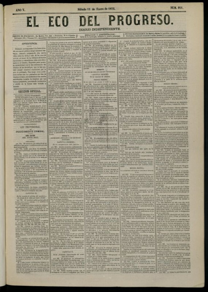 Miniatura de El Eco del Progreso : diario independiente. 11 de enero de 1873, nº 951