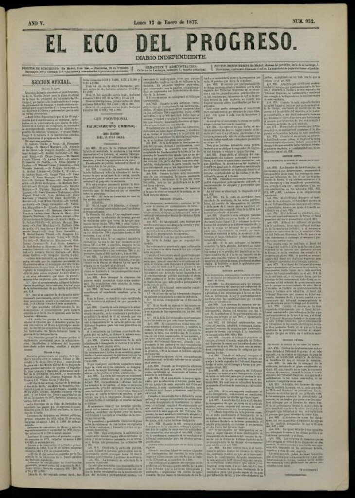 Miniatura de El Eco del Progreso : diario independiente. 13 de enero de 1873, nº 952