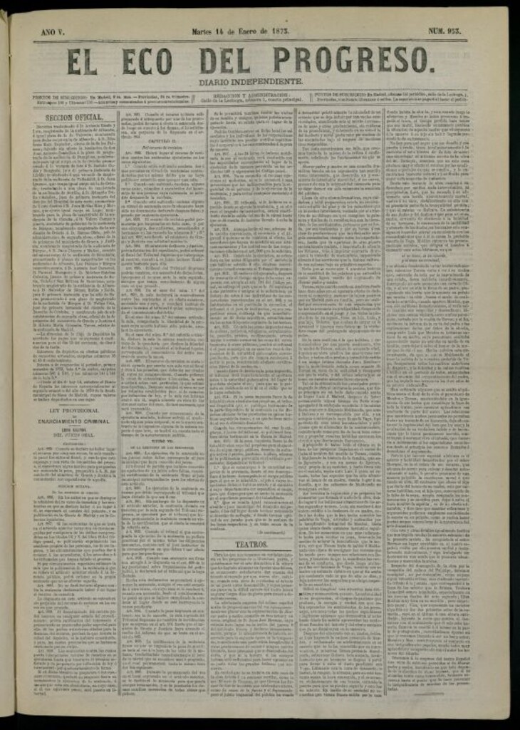 Miniatura de El Eco del Progreso : diario independiente. 14 de enero de 1873, nº 953