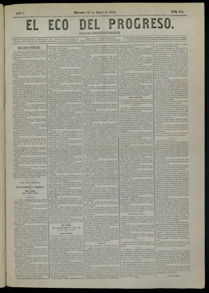 Miniatura de El Eco del Progreso : diario independiente. 15 de enero de 1873, nº 954