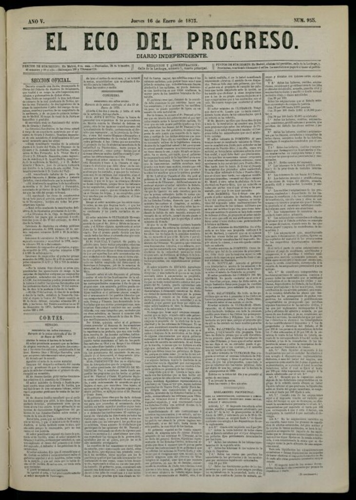 Miniatura de El Eco del Progreso : diario independiente. 16 de enero de 1873, nº 955