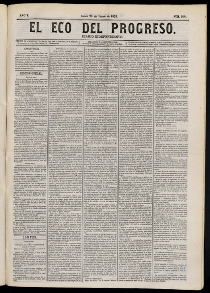 Miniatura de El Eco del Progreso : diario independiente. 20 de enero de 1873, nº 958