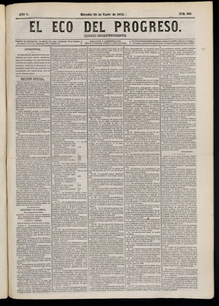 Miniatura de El Eco del Progreso : diario independiente. 22 de enero de 1873, nº 960