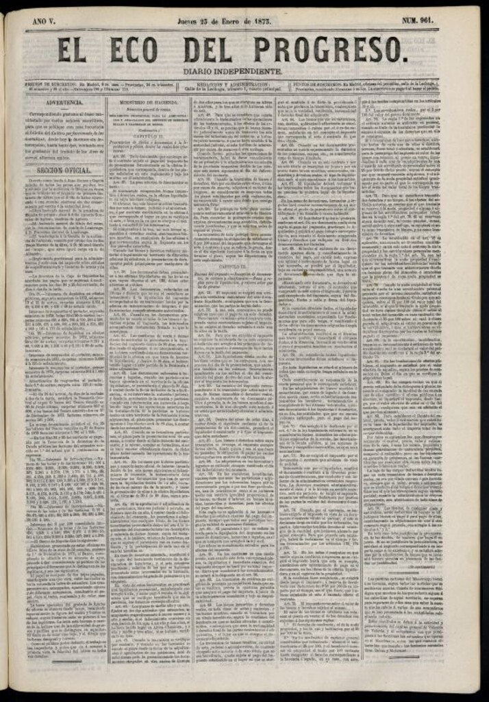 Miniatura de El Eco del Progreso : diario independiente. 23 de enero de 1873, nº 961