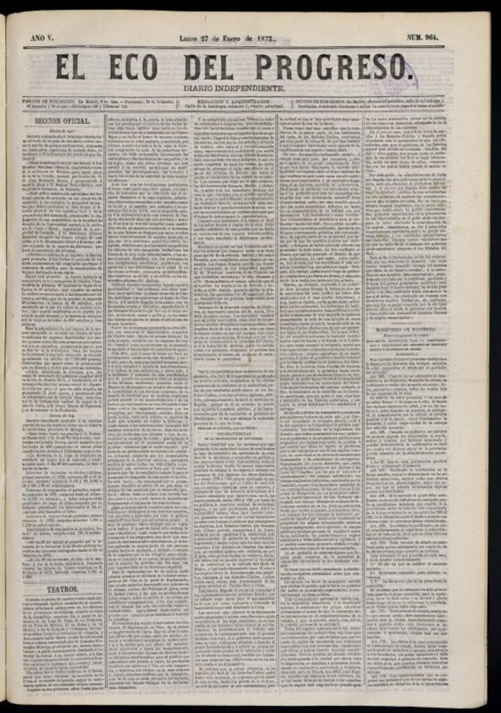 Miniatura de El Eco del Progreso : diario independiente. 27 de enero de 1873, nº 964