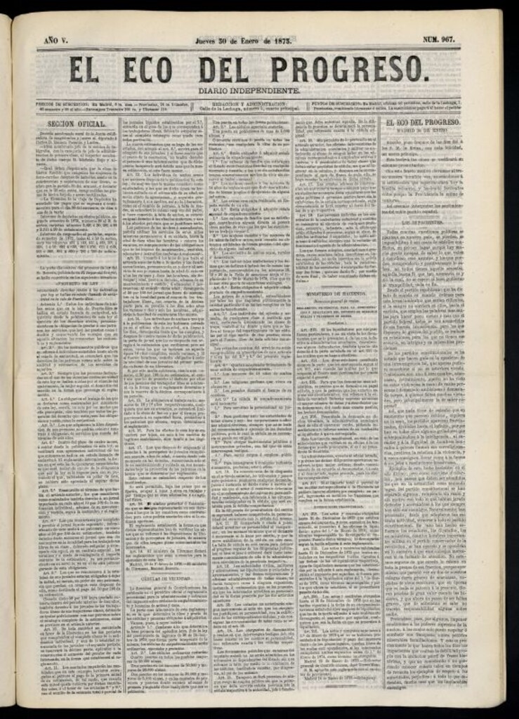 Miniatura de El Eco del Progreso : diario independiente. 30 de enero de 1873, nº 967