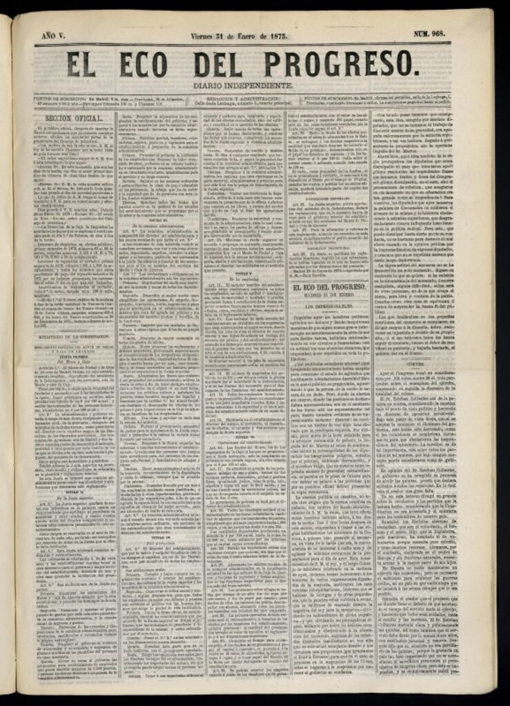 Miniatura de El Eco del Progreso : diario independiente. 31 de enero de 1873, nº 968
