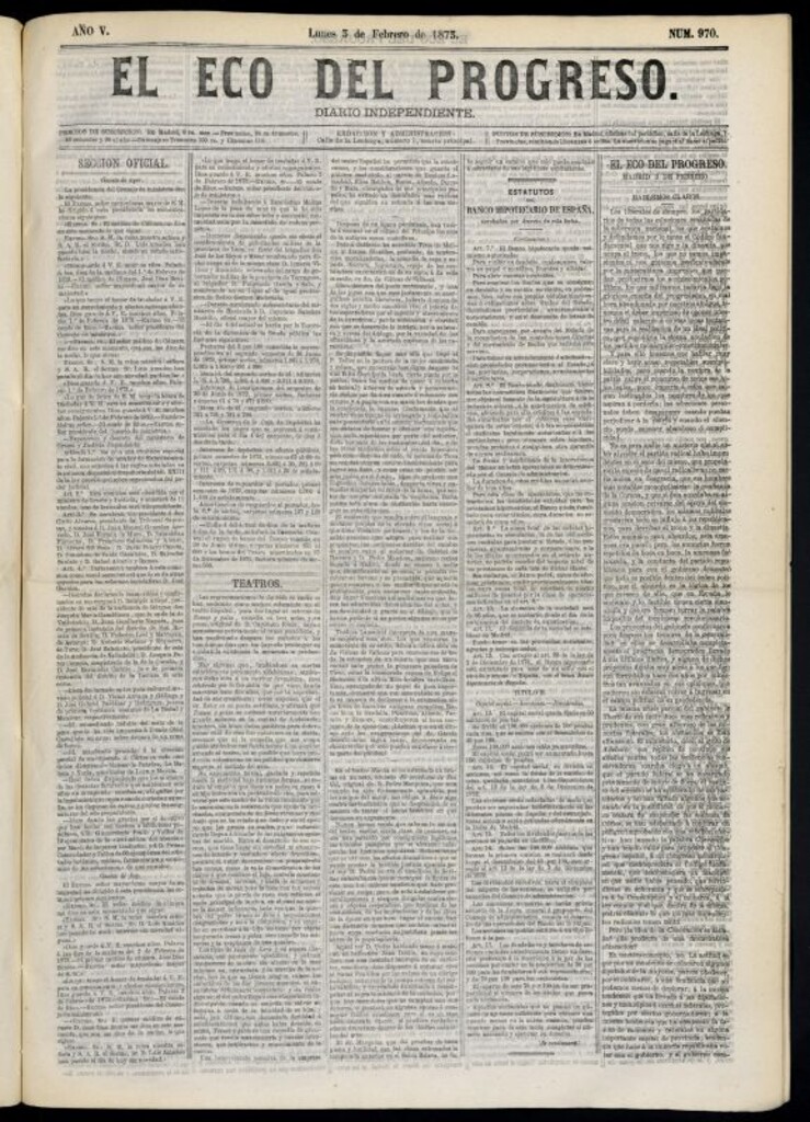 Miniatura de El Eco del Progreso : diario independiente. 3 de febrero de 1873, nº 970