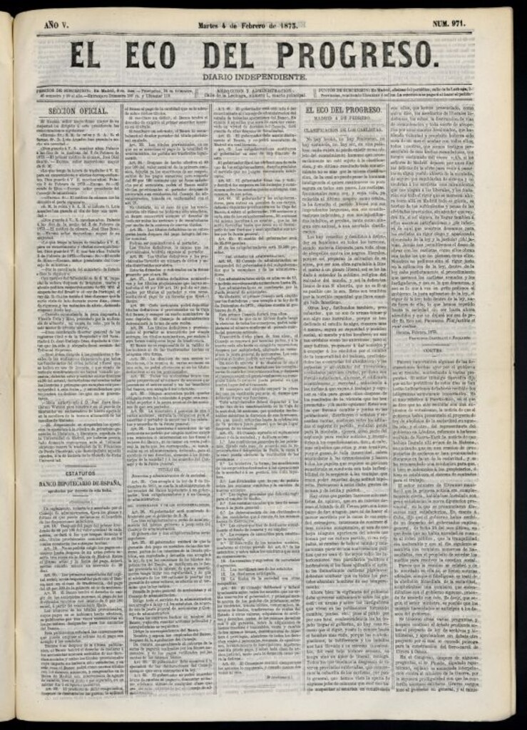 Miniatura de El Eco del Progreso : diario independiente. 4 de febrero de 1873, nº 971