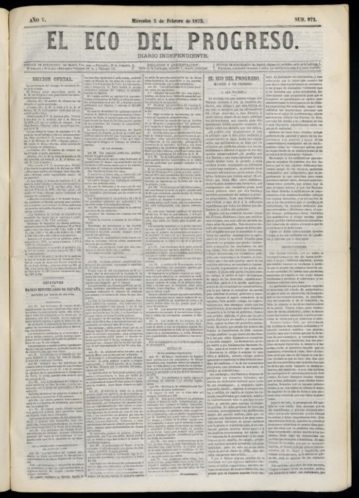 Miniatura de El Eco del Progreso : diario independiente. 5 de febrero de 1873, nº 972