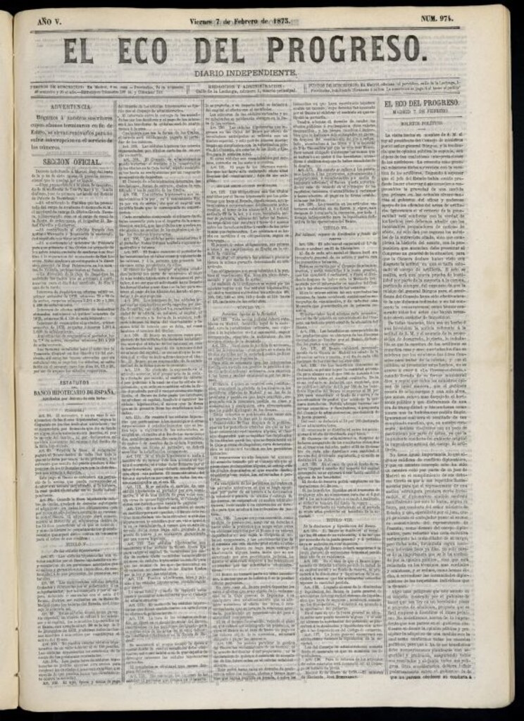 Miniatura de El Eco del Progreso : diario independiente. 7 de febrero de 1873, nº 974