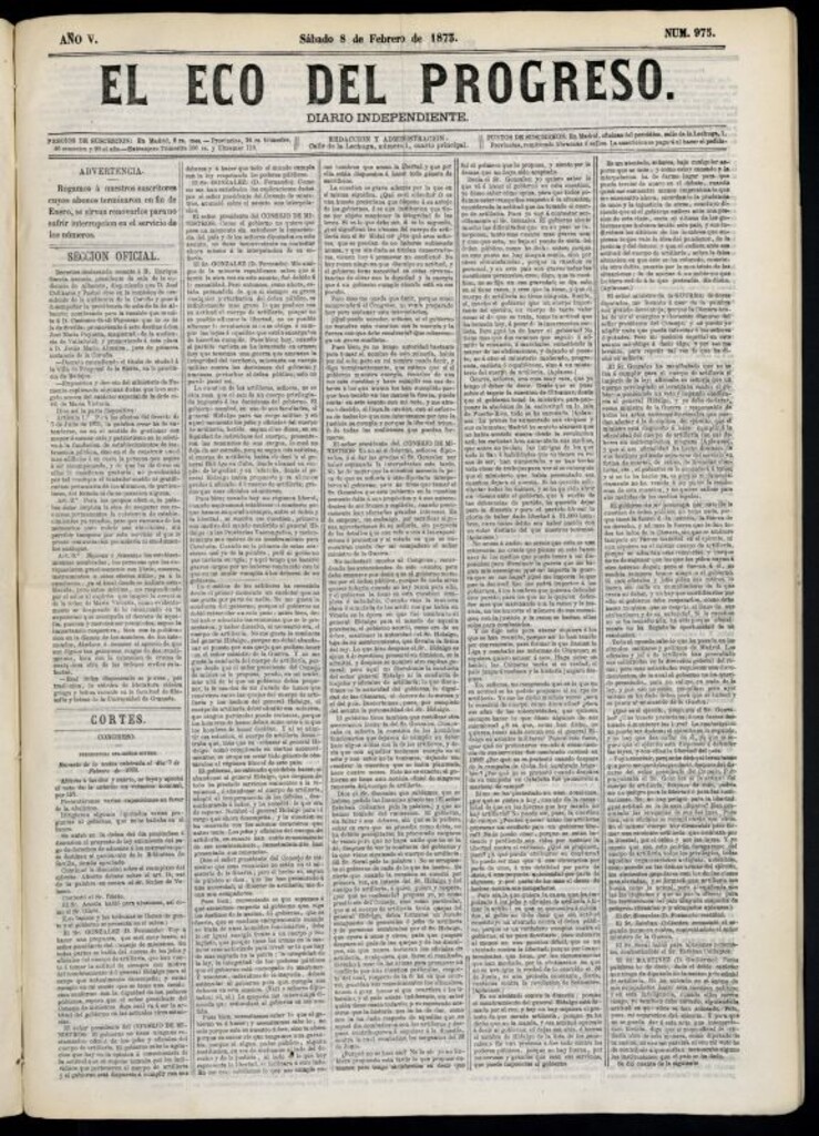 Miniatura de El Eco del Progreso : diario independiente. 8 de febrero de 1873, nº 975