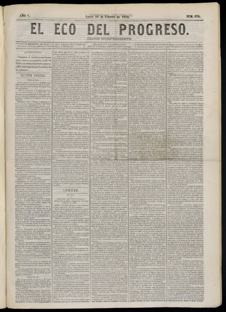 Miniatura de El Eco del Progreso : diario independiente. 10 de febrero de 1873, nº 976