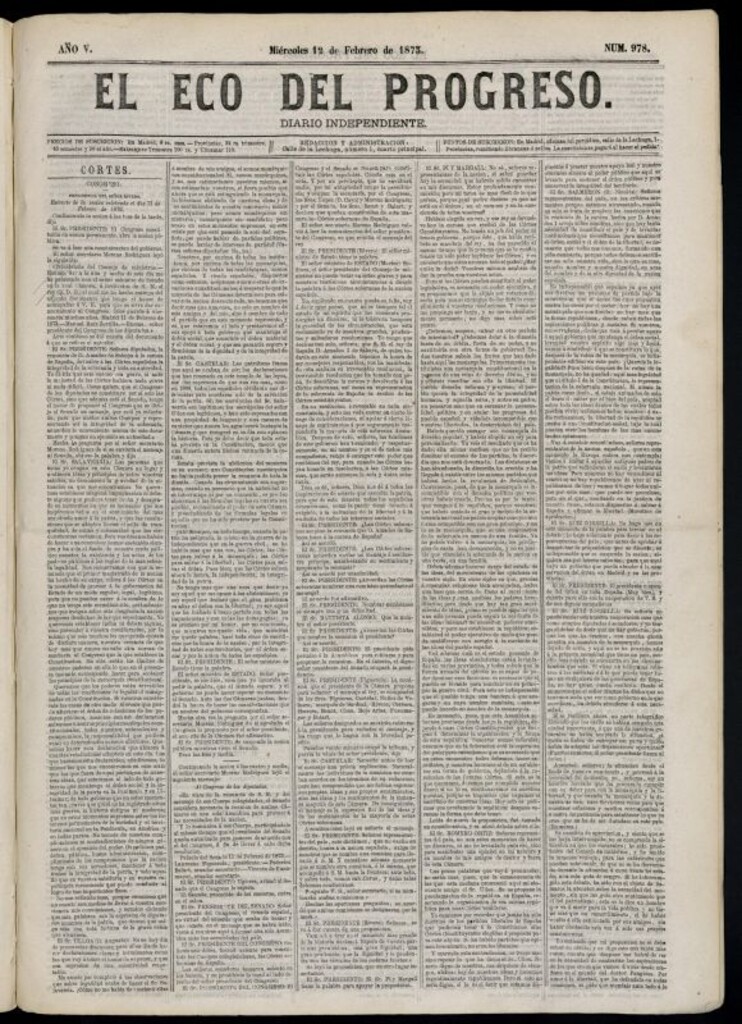 Miniatura de El Eco del Progreso : diario independiente. 12 de febrero de 1873, nº 978